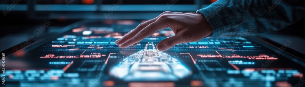 Poster futuristic touch interface with glowing elements, showcasing technology and digital interaction in a