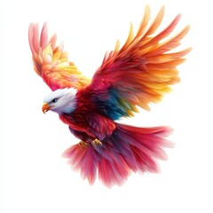 Obraz premium Colorful eagle in flight with vibrant feathers, white isolate background.