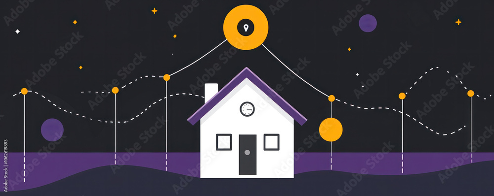 Poster a house is shown in the middle of a graph with a clock on the front. the house is surrounded by a se