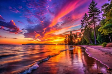 Obraz premium Stunning Lakefront Sunset Over Tranquil Beach with Reflections, Vibrant Colors, and Serene Atmosphere - Perfect for Nature Lovers and Travel Enthusiasts