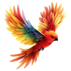 Obraz premium Colorful parrot flying, vibrant feathers, white isolated background.
