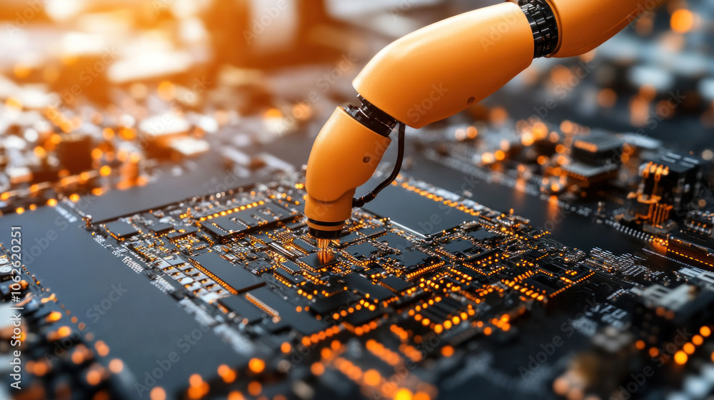 Poster a robot is poking at a circuit board. the robot is orange and has a yellow handle. the circuit board