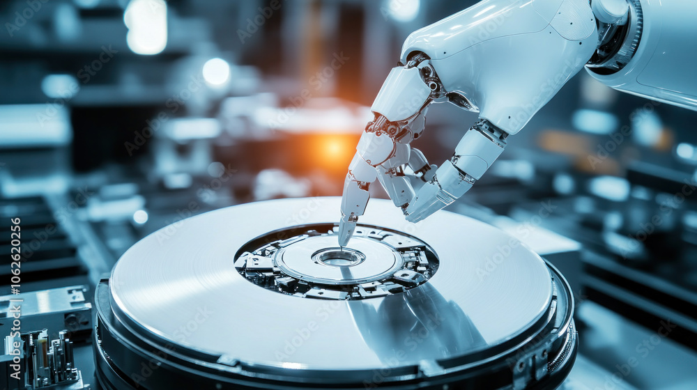 Poster a robot is touching a cd. the robot is white and has a mechanical hand