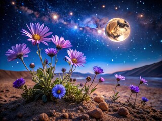 Stunning Night Photography of Purple Wildflowers Blooming in Sandy Soil Under a Starry Sky, Capturing Nature's Beauty, Floral Close-Up, and Vibrant Colors