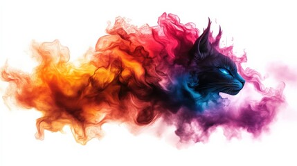 Colorful smoke forming the silhouette of a majestic cat on a white isolated background.