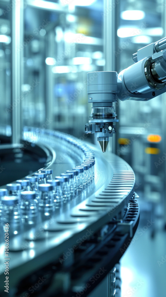 Aufkleber a robot is filling bottles with a liquid. the bottles are lined up on a conveyor belt