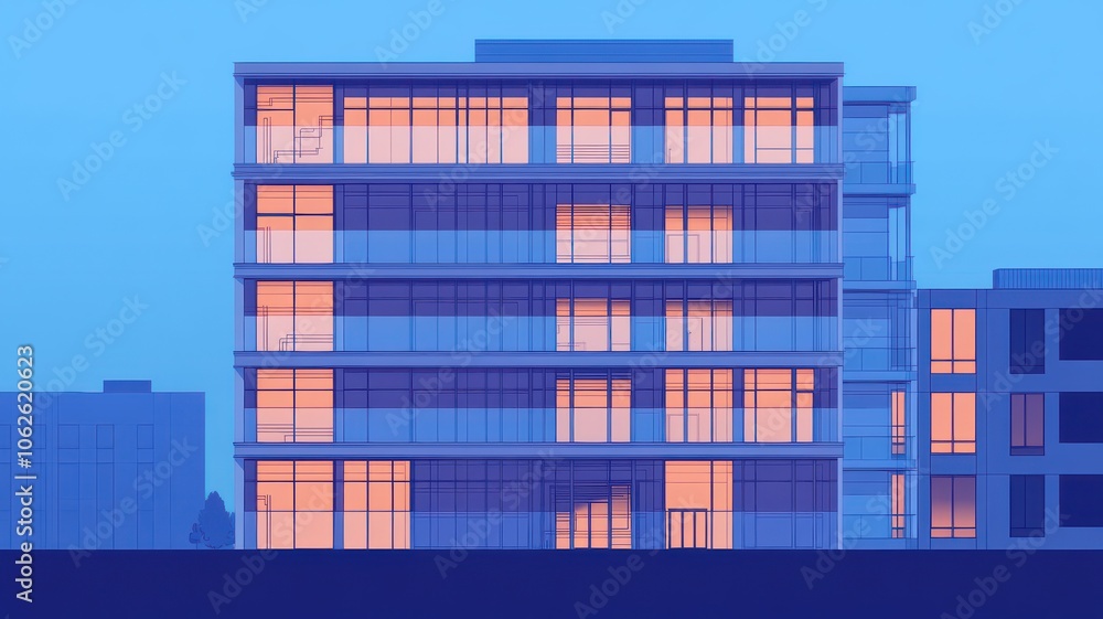 Poster modern architecture featuring a sleek building with illuminated windows in a twilight setting. ideal