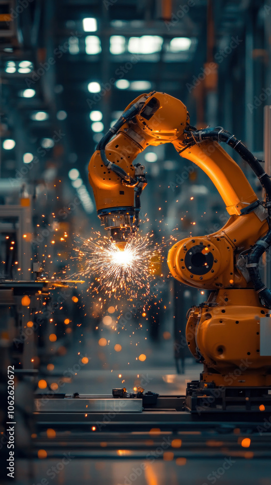 Poster a robot is working in a factory, surrounded by sparks and debris. the scene is industrial and mechan
