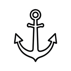 Simple anchor outline icon in black and white, Black and white outline icon of a traditional anchor with a ring and pointed flukes, isolated on a white background.