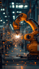 Fototapeta premium A robot is working in a factory, surrounded by sparks and debris. The scene is industrial and mechanical, with the robot being the main focus