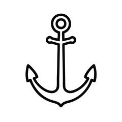 Simple anchor outline icon in black and white, Black and white outline icon of a traditional anchor with a ring and pointed flukes, isolated on a white background.