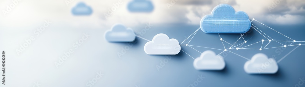 Poster modern cloud computing concept with digital connections and blue clouds on a bright background, symb