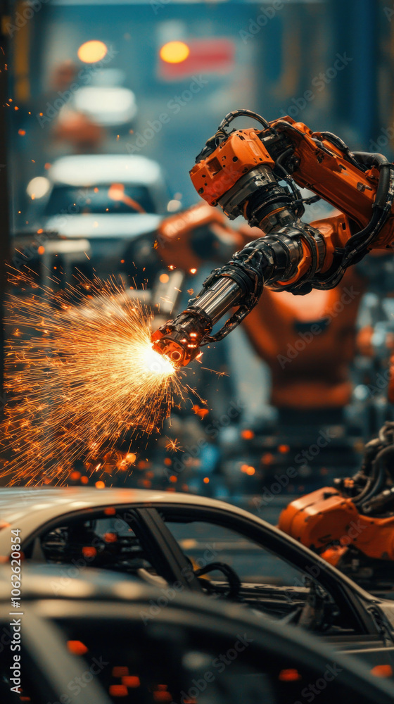 Poster a robot is working on a car, and the scene is set in a factory. the robot is surrounded by other rob
