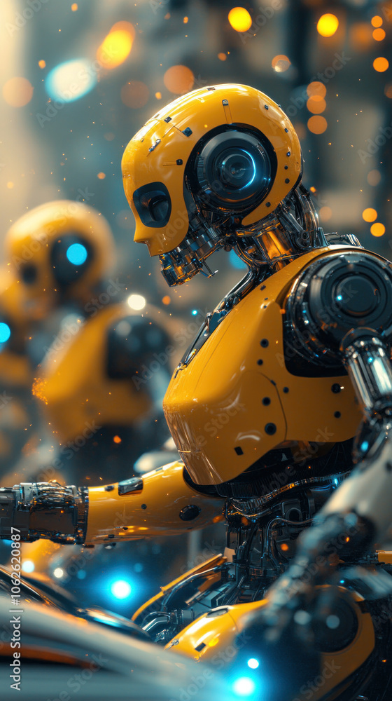 Poster a group of robots are sitting in a car, with one of them being yellow. the scene is set in a futuris