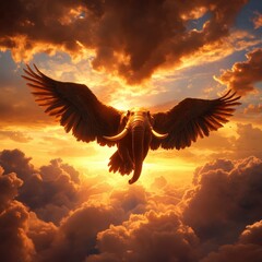 Elephant with wings soaring through a colorful sunset over the clouds.