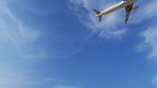 Airplane flies in blue sky. Travel. Airplane takes off against the background of blue Sky. 3840x2160 ULTRA HD. 4K.