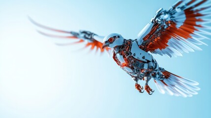 Futuristic robotic bird in mid-flight, blue background.