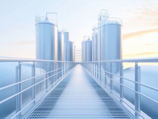 Obraz premium Modern industrial walkway between silos, offering a glimpse into an advanced manufacturing facility at sunset.