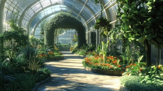 A beautiful botanical garden with conservatory and pathways,