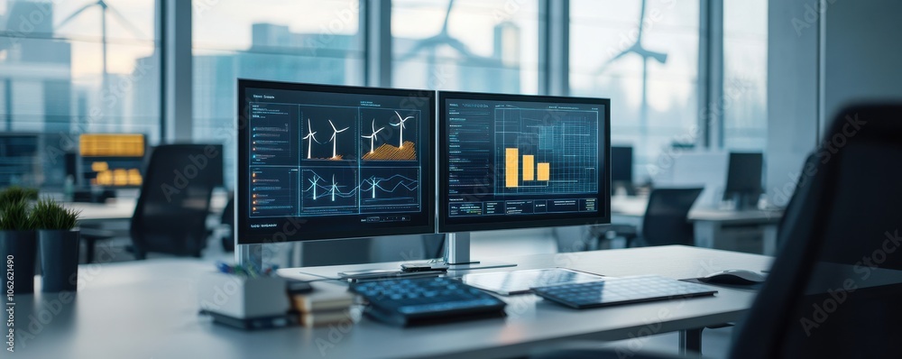 Poster modern office setup featuring dual monitors displaying financial data and analytics against a backdr