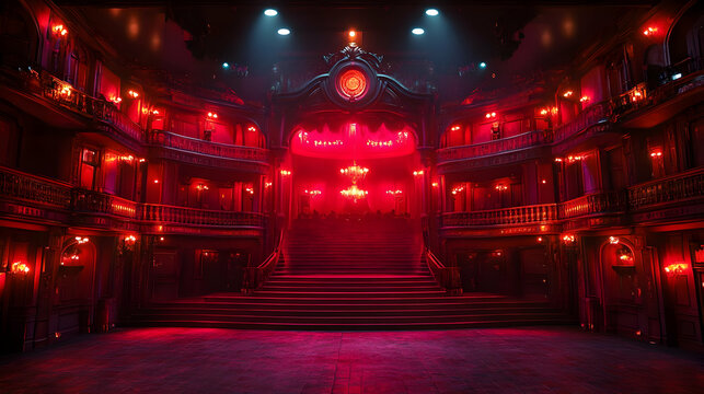 Red Stage Lights in Grand Hall with Stairs & Balcony