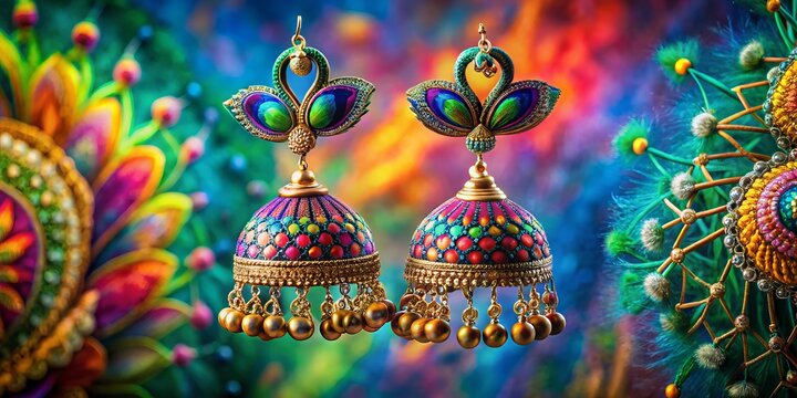 Surreal photography showcases Jumka Peacock Design Silk Thread Earrings, featuring vibrant colors and intricate patterns against dreamlike backgrounds for a captivating visual experience.