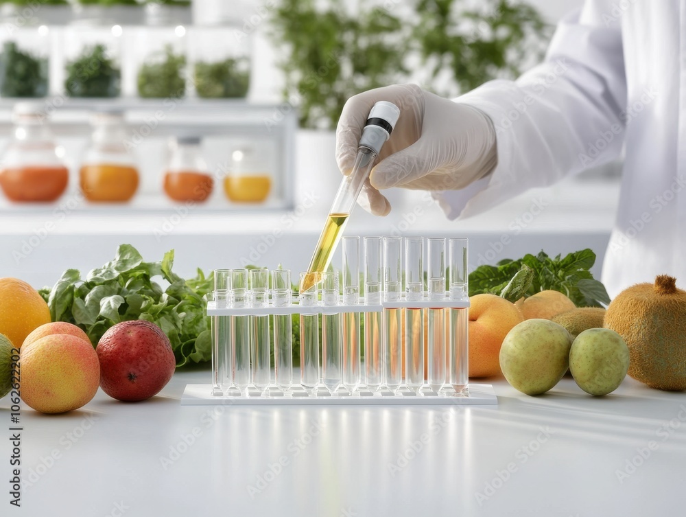 Poster scientist conducting experiments with fruits and vegetables using pipette and test tubes in laborato