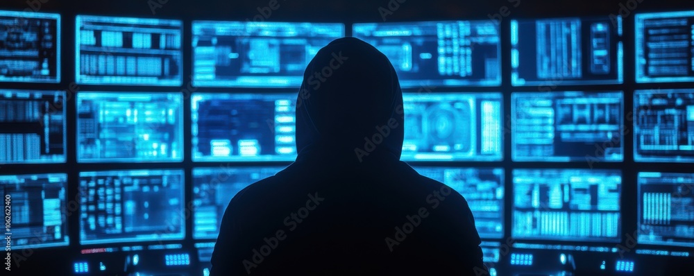 Poster silhouette of a hooded figure in front of multiple glowing screens, representing cybersecurity and d