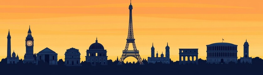 Obraz premium Silhouette of famous landmarks at sunset, featuring iconic structures from cities around the world, perfect for travel enthusiasts.
