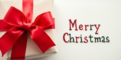 Red Christmas ribbon bow wrapped around a gift on the left, with (Merry Christmas) written in festive, handwritten text on the right.