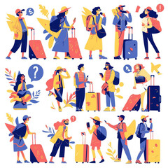 Illustration of Travelers with Luggage and Backpacks