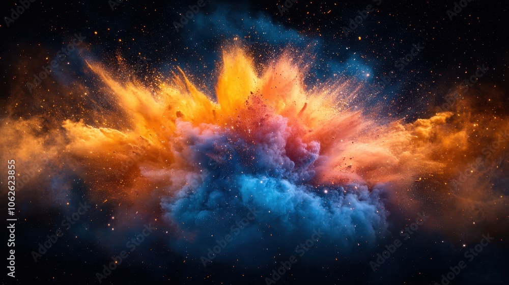 Poster vibrant explosion of colors in shades of orange and blue on a dark background, creating a dynamic vi