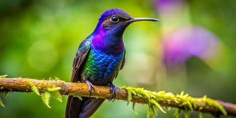 Obraz premium Velvet Purple Coronet Hummingbird Silhouette Perched on Branch in Mindo Ecuador, Nature Photography, Wildlife Closeup, Birdwatching, Exotic Birds, Tropical Environment