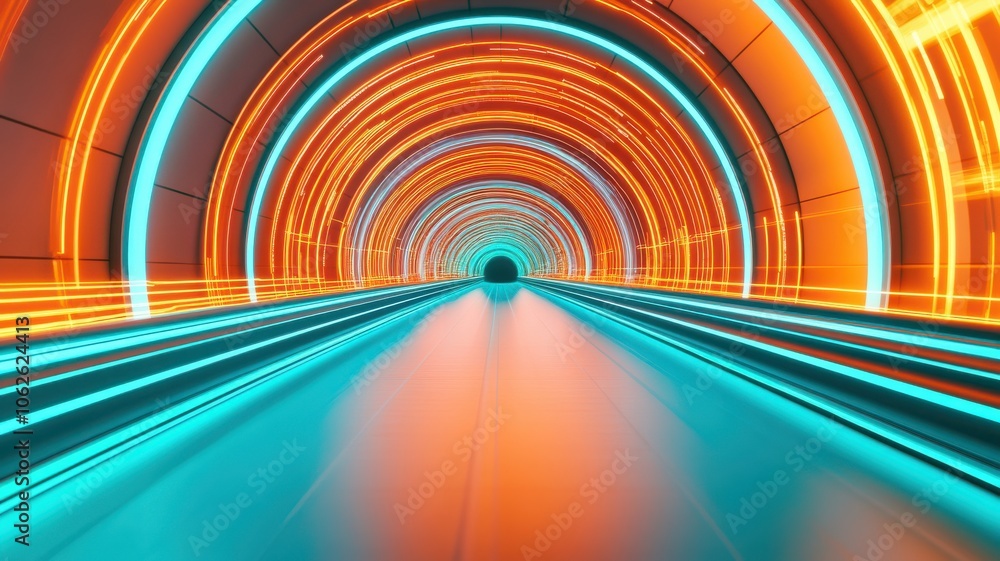 Poster vibrant tunnel with neon lights in orange and blue, creating a futuristic vibe. perfect for tech and