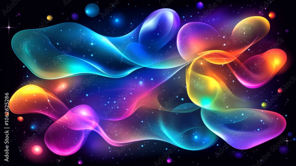 Poster abstract neon shapes and colorful waves