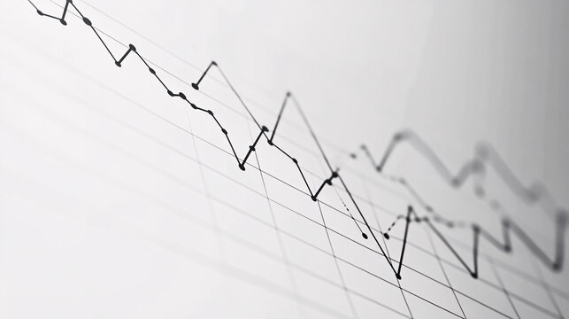 black and white closeup stock chart graphic of fluctuating lines and data points on a grid