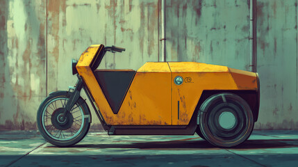 Naklejka premium Retro-Futuristic Electric Cargo Bike: Digital Painting, Yellow, Cyberpunk