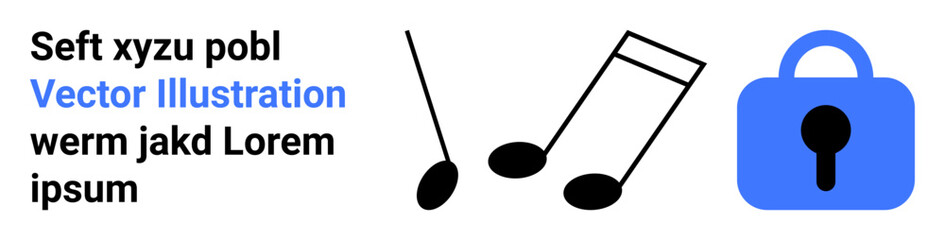 Text with random words in black and a blue hyperlink. Two black musical notes. Blue padlock symbolizing security. Ideal for website visuals, educational materials, music apps, privacy policies