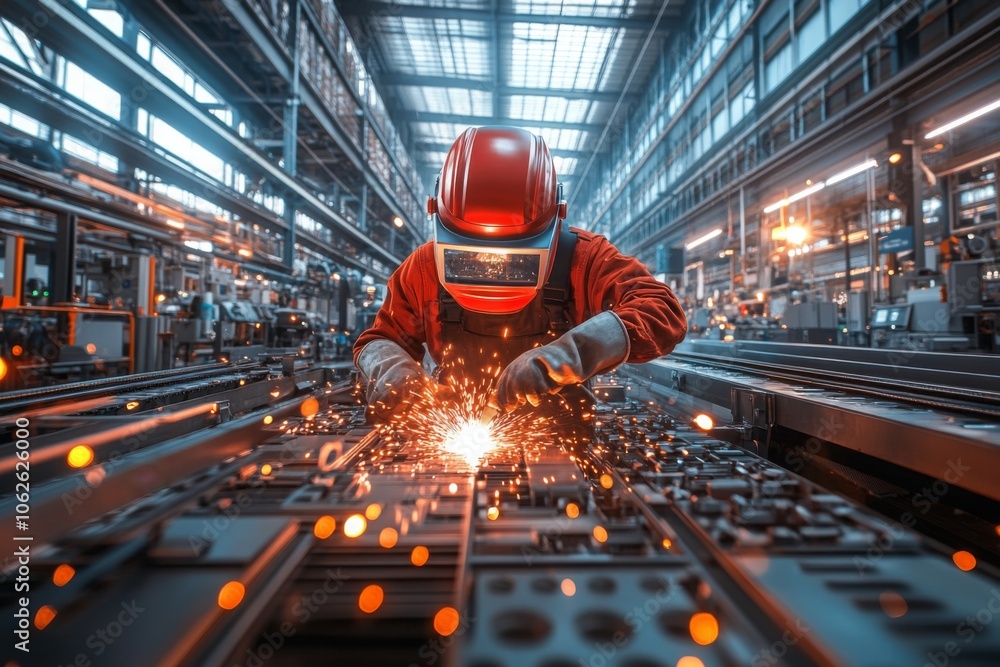 Poster welder creating sparks in industrial setting