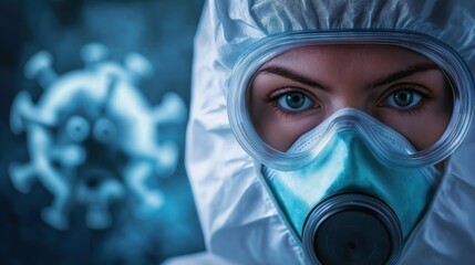 Healthcare worker in protective medical uniform face mask and goggles examining microscopic coronavirus cells under a laboratory microscope during a global disease outbreak or pandemic