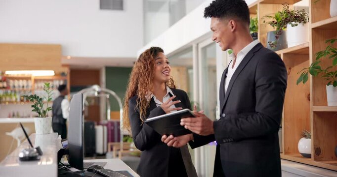 Reception, help and people with tablet at hotel for booking website, information or support. Man, woman and intern with tech at front desk for online check in, discussion or training with reservation