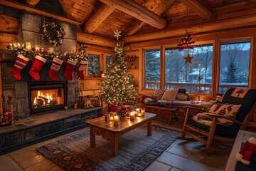 Cozy living room decorated for Christmas with warm lighting, wooden accents, a rocking chair, and a decorated tree, featuring candles and a night sky view.