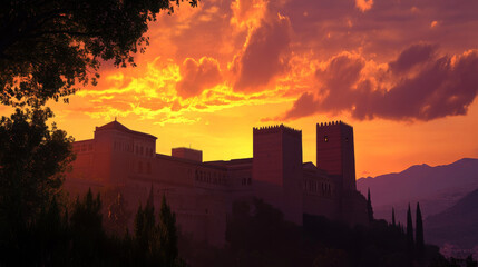 Fototapeta premium Alhambra Sunset: Moorish Architecture, Fiery Sky, Spanish Landscape