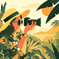 Woman with Camera and Hat in Tropical Illustration