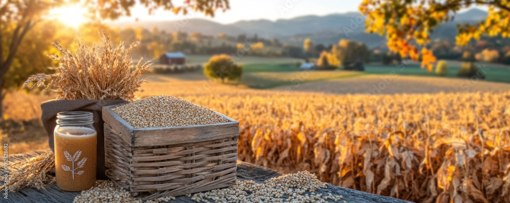 Poster a basket of corn is on a table next to a glass of beer. the corn is yellow and the glass is brown. t