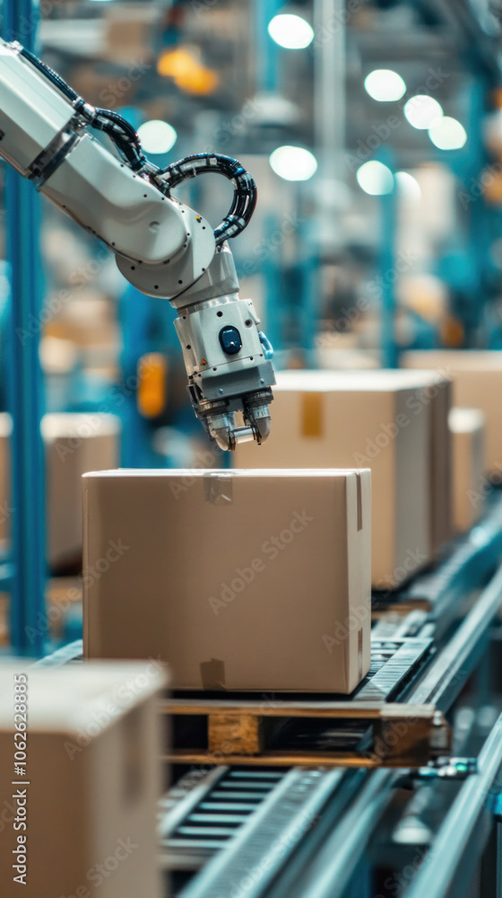 Poster a robot is working on a box in a factory. the robot is white and has a blue arm. the box is brown an