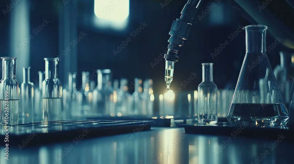 Poster a lab with many glass vials and a machine that is pouring liquid into one of them. scene is scientif