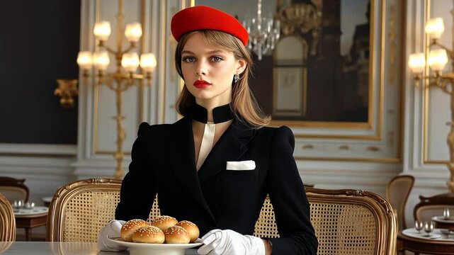 Upscale Parisian restaurant interior with classic window view of Sacr&eacute;-C&oelig;ur. Red beret adds French charm to sophisticated dining scene. 