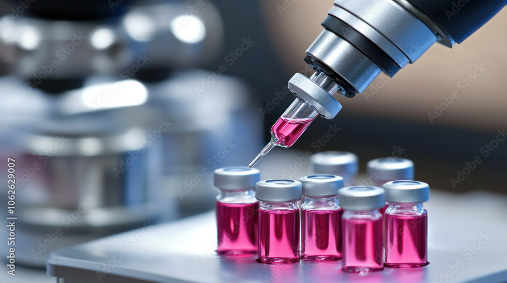 Poster a microscope is used to inject a liquid into a small vial. the vials are pink and are lined up on a 