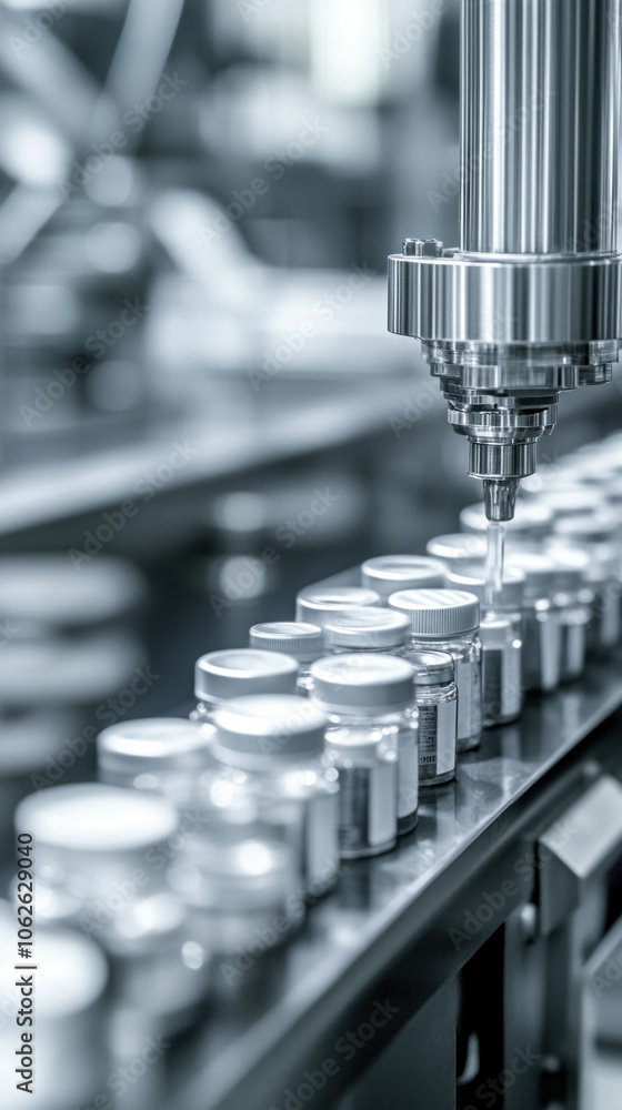 Poster a machine is filling bottles with a clear liquid. the bottles are lined up on a conveyor belt